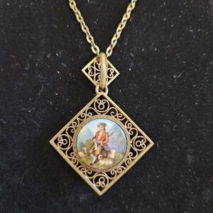 Vintage Mourning Locket Pendant Necklace